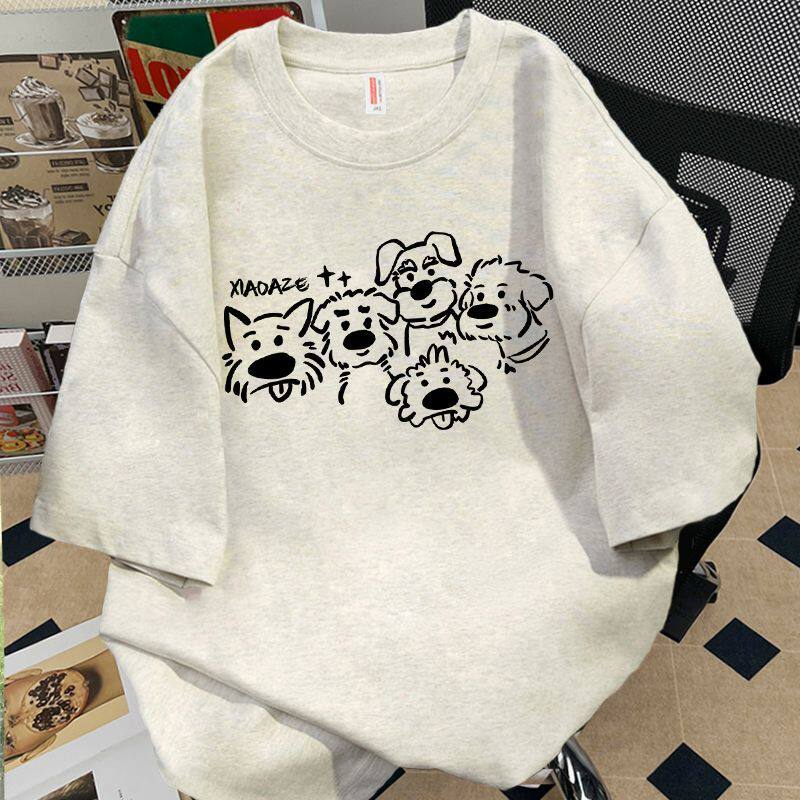 花灰色纯棉港风可爱手绘小狗印花t恤情侣夏季百搭男女上衣短袖ins