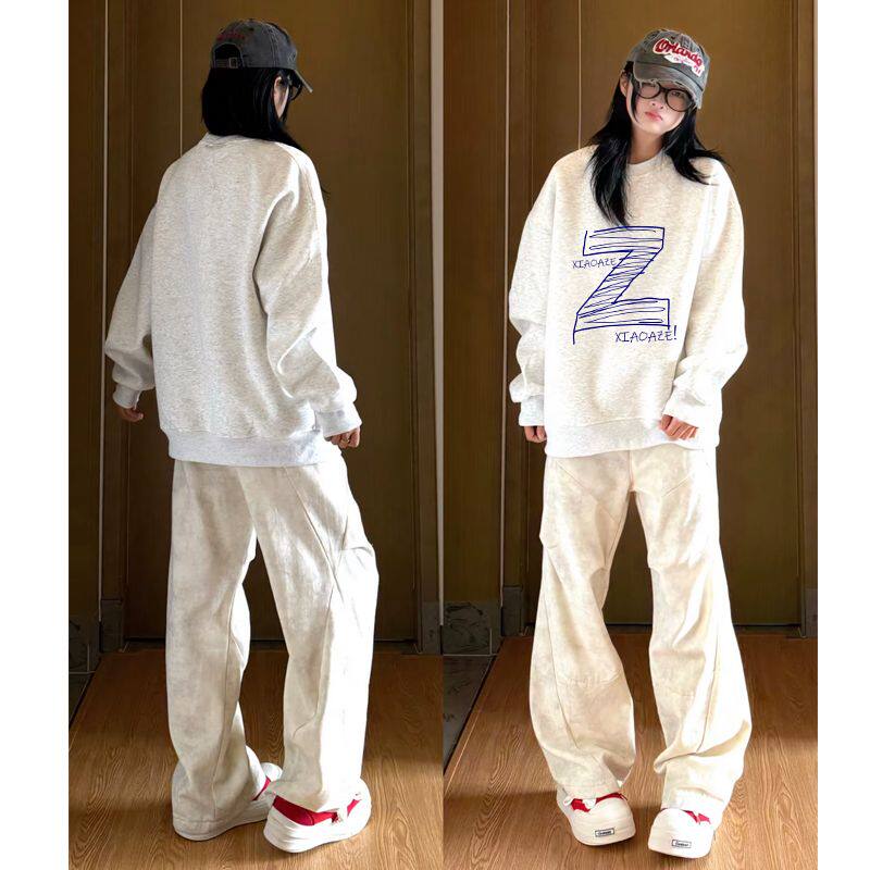 秋冬款花灰色华棉圆领卫衣男女创意字母潮牌印花无帽加绒加厚上衣