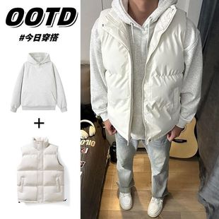 叠穿两件套马甲男款秋冬季加厚保暖无袖背心棉服帽衫套头卫衣外套