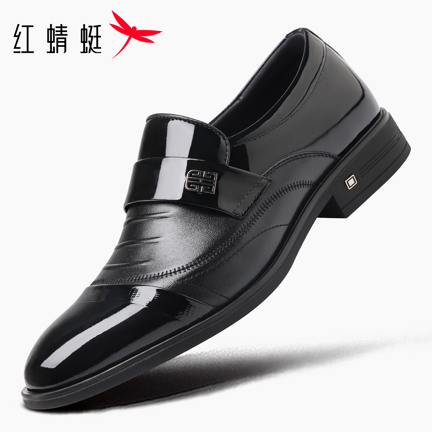 红蜻蜓套脚漆皮三接头皮鞋男