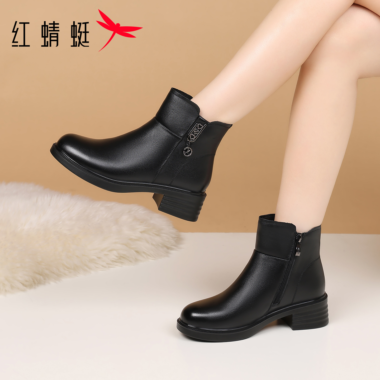 红蜻蜓冬季女鞋女士靴子女中筒高跟短靴加绒真皮高帮皮鞋牛皮皮靴