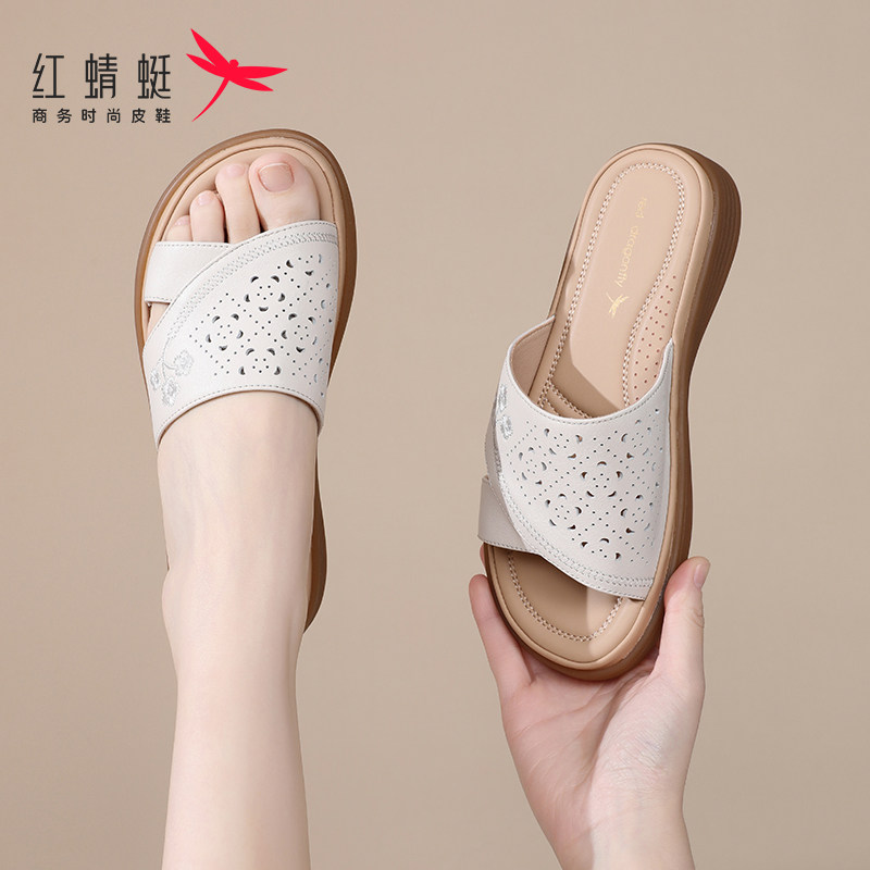 红蜻蜓平底厚底一字拖拖鞋女真皮图片
