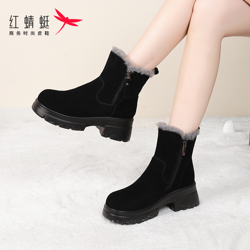 厚底棉靴雪地靴红蜻蜓短靴冬季