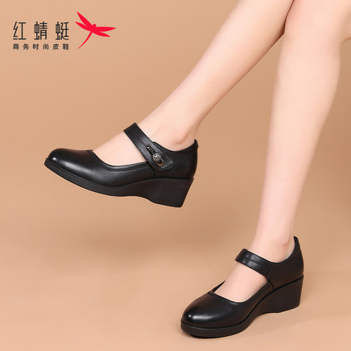 红蜻蜓厚底坡跟玛丽珍皮鞋女真皮