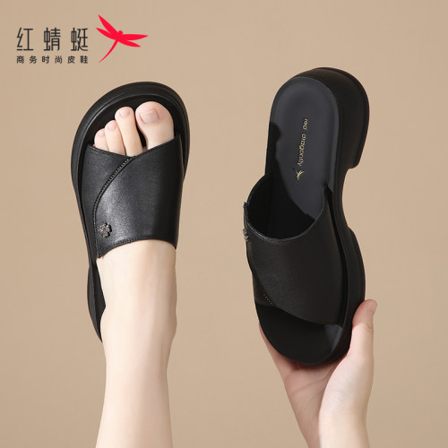 红蜻蜓厚底一字拖女士拖鞋女真皮