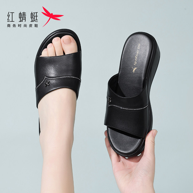 红蜻蜓女士一字拖厚底沙滩凉拖鞋女夏外穿2025新款妈妈小凉拖真皮
