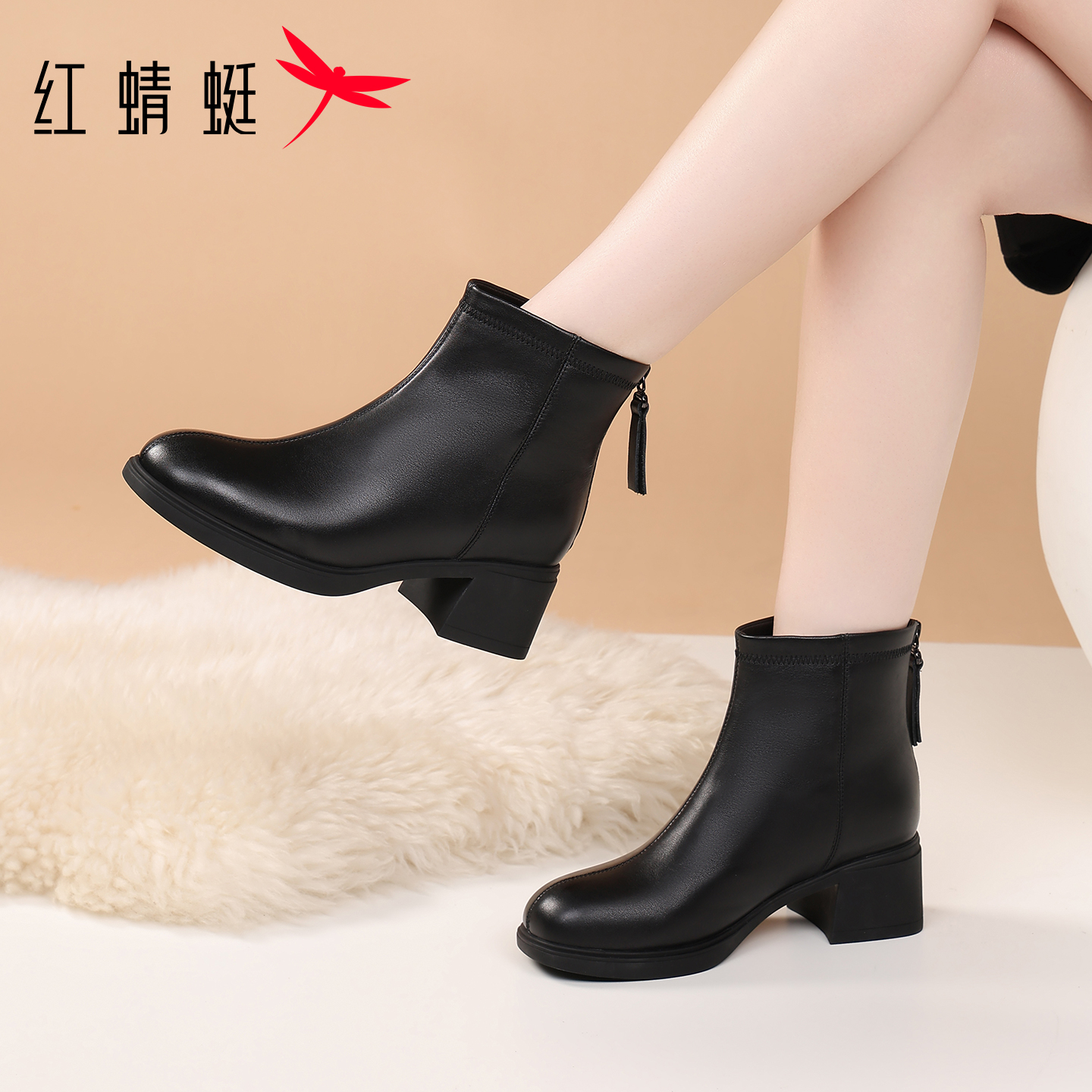 红蜻蜓冬季女鞋女士靴子女中筒高跟增高短靴真皮高帮皮鞋牛皮冬天