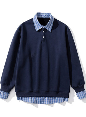 【NO LOGO PLUS】珠地棉拼格纹男士拼接休闲长袖开衬衫卫衣假两件