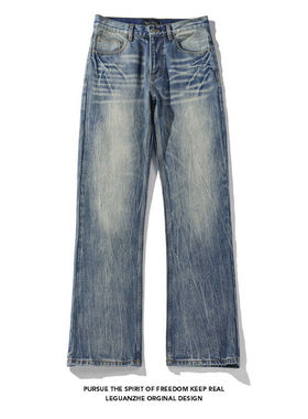 【NO LOGO PLUS】2025联名男士战斗牛王大码美式闪电纹微喇牛仔裤