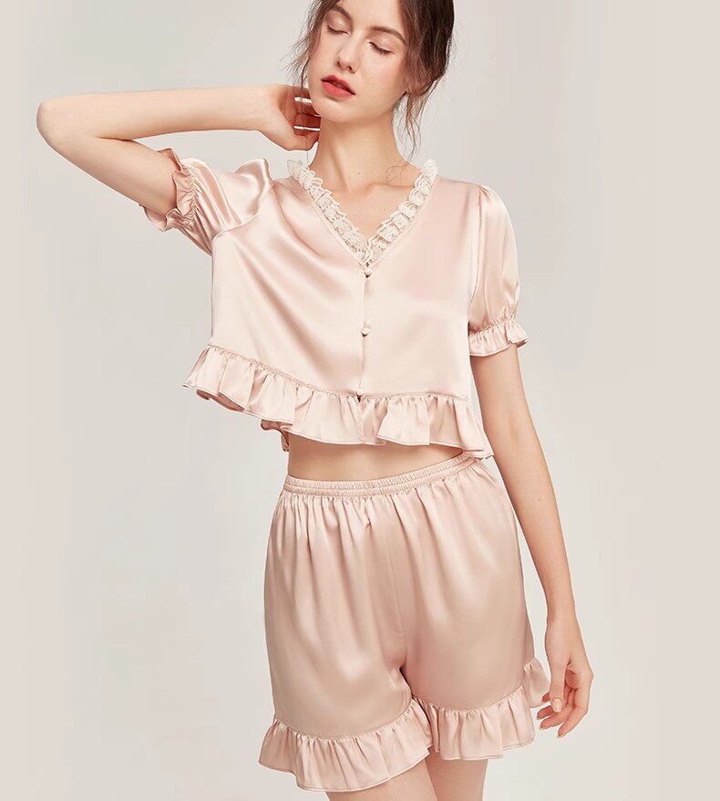 2024新款珊目尔16姆米真丝短袖短裤睡衣女100%桑蚕丝绸甜美家居服