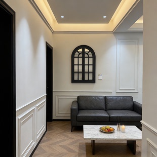 法式拱顶黑色实木假窗户客厅遮挡可开窗采光造型镜壁挂实木弧形窗