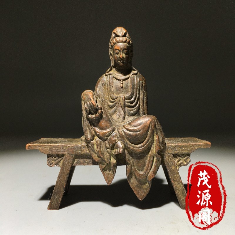 古玩老物件纯铜观世音菩萨佛像板凳佛摆件家居装饰品摆件老铜器
