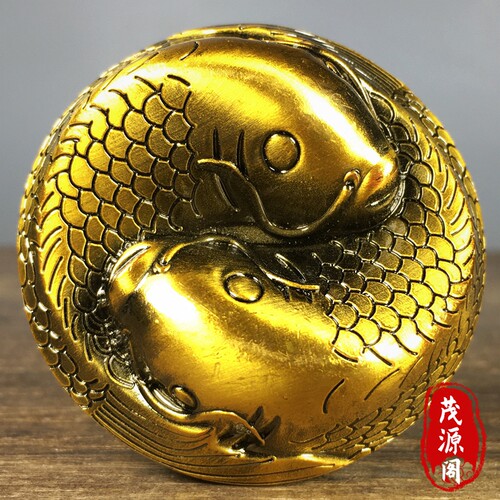 古玩实心纯黄铜双鱼摆件年年有余招财进宝茶台茶宠桌面装饰品镇纸