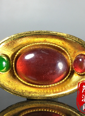 珍藏乾隆年间老物件古铜鎏金雕刻花纹金元宝镶嵌宝石摆件装饰品