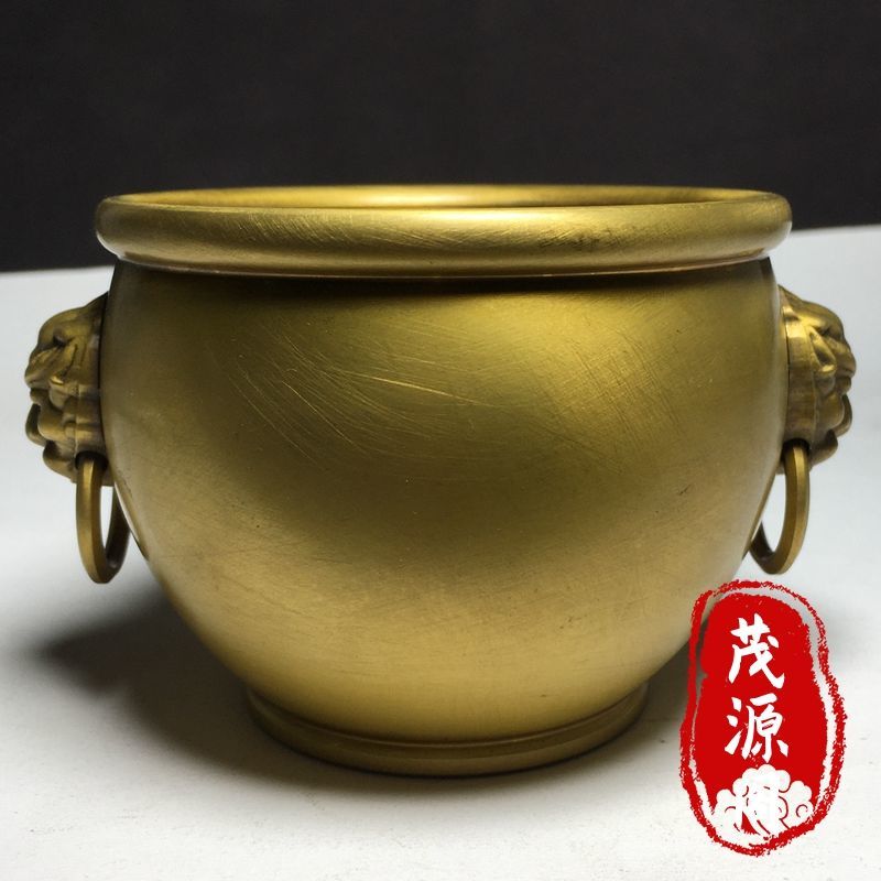 古玩纯铜双耳兽头铜缸风水镇宅铜器缸客厅摆件聚宝盆实心铜招财缸