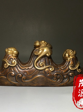 纯铜鎏金招财貔貅铜笔架笔搁文房四宝桌面装饰摆件纯铜笔搁老铜器