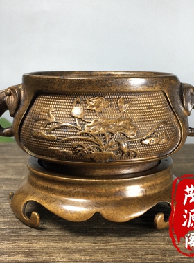 民间收藏老物件莲花底座大象双耳香薰炉古铜香炉装饰品摆件铜器