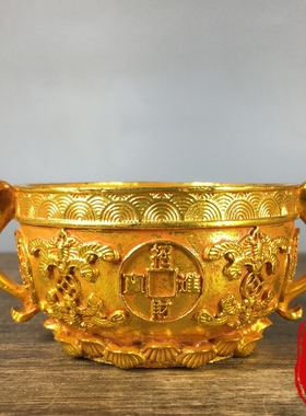 纯铜鎏金招财进宝如意聚宝盆聚财纳福家用供奉香炉风水摆件装饰品