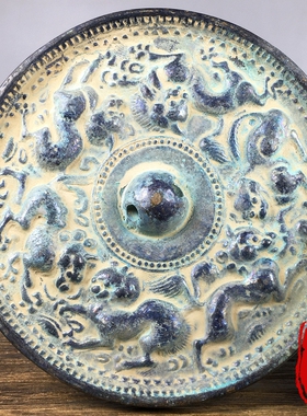 出土铜镜老物件浮雕招财瑞兽青铜镜包浆老道海兽葡萄镜旧货收藏