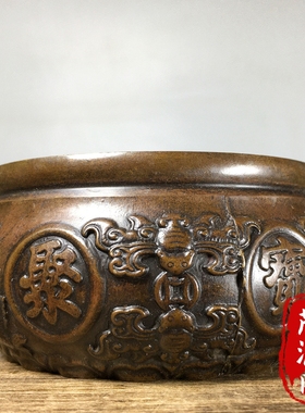 纯铜招财进宝聚宝盆家用客厅办公室聚财纳福铜缸香炉烟灰缸摆件