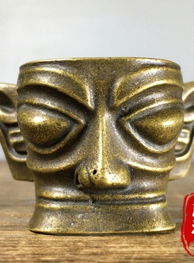 仿古纯铜三星堆纵目面具摆件老物件家居桌面装饰品小铜器摆件收藏