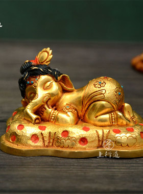 上行道佛像精工艺术象鼻财神尼泊尔手工纯铜鎏金镶嵌藏传汽车摆件