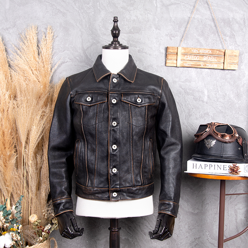 重磅1.6mm厚植鞣油蜡牛皮皮衣牛仔夹克做旧工艺507工装男短款外套