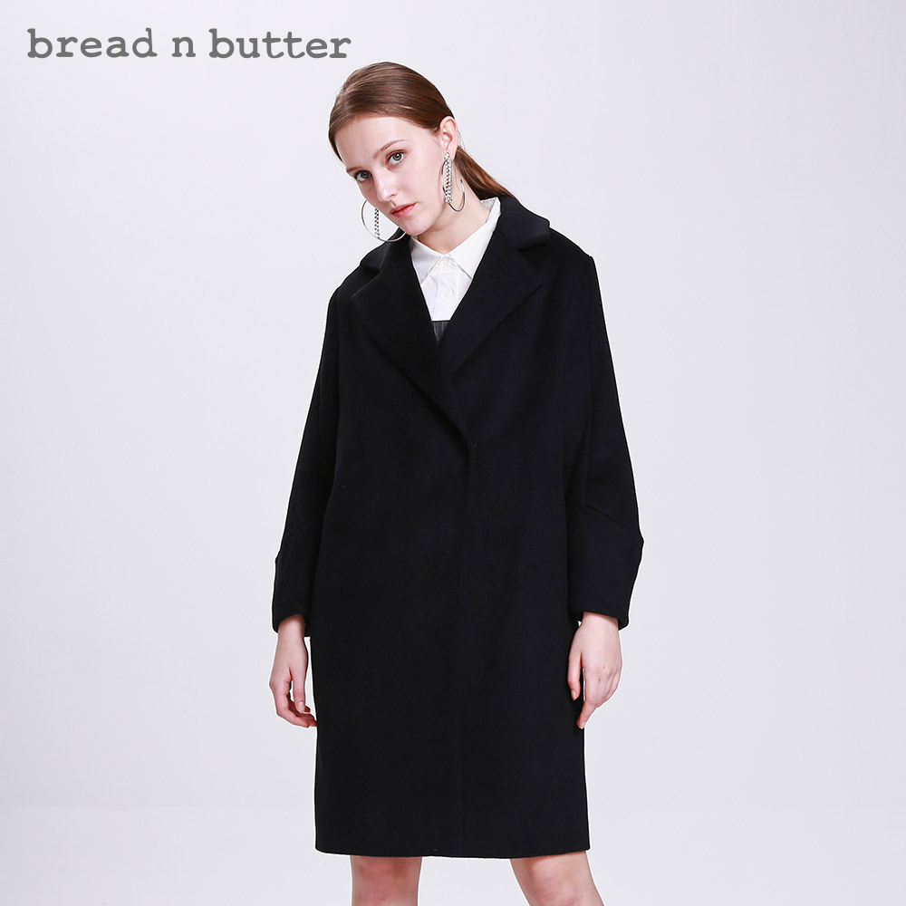 bread n butter冬季女装简约翻领外套侧插袋中长款宽松毛呢大衣