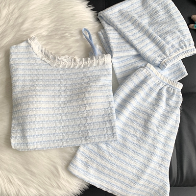 色织条睡衣女带胸垫露肩吊带短袖