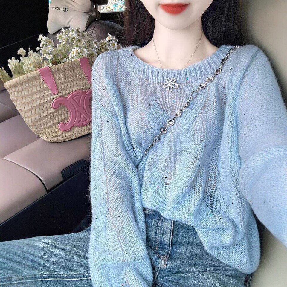 蓝色细闪长袖镂空软糯套头毛衣女毛针织衫