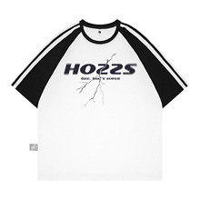HOZZS 闪电形状字母印花插肩袖速干套头圆领拼接短袖T恤 男女同款