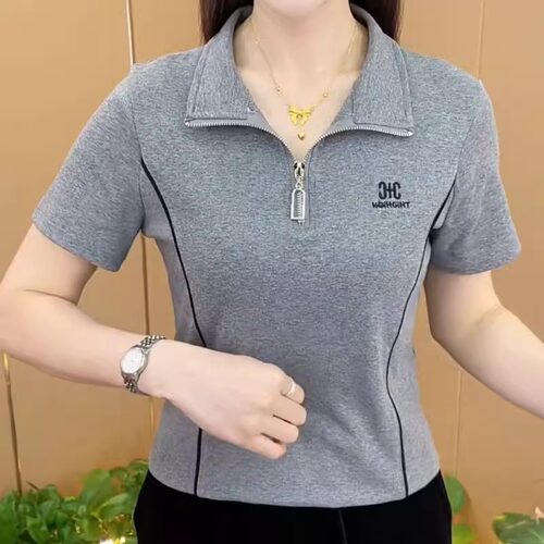 【棉95氨纶5】妈妈短袖T恤女洋气减龄休闲显瘦舒适设计感翻领上衣