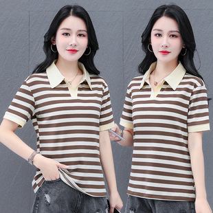 百搭时尚 夏季 条纹POLOT恤日常简约休闲洋气减龄短袖 95棉5氨纶
