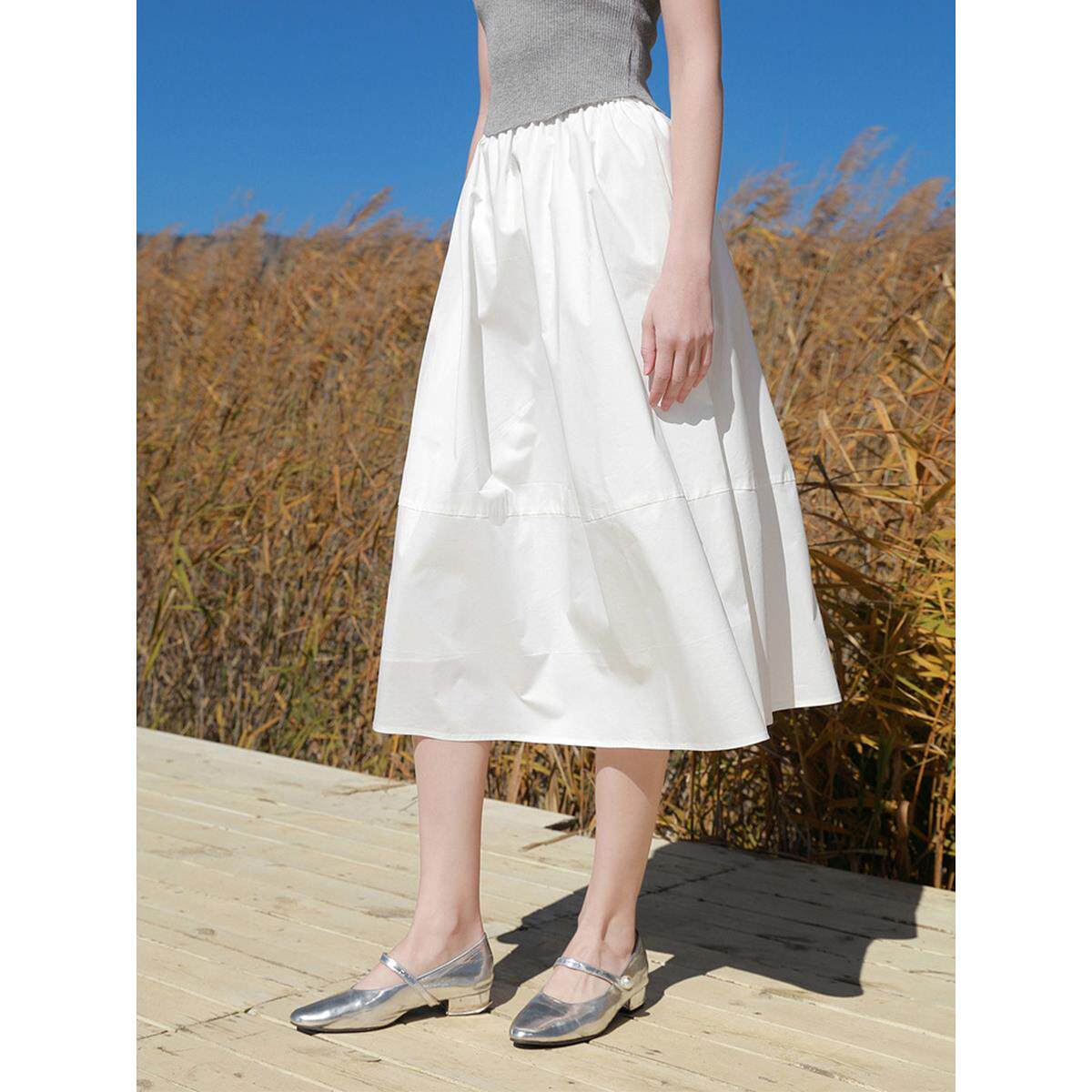 白色半身裙女夏季2025年新款小个子高腰显瘦中长款伞裙a字大摆裙