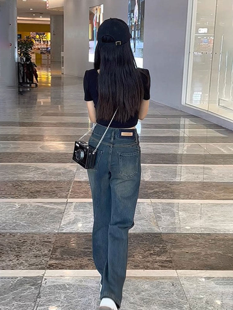 水泥灰直筒牛仔裤女夏季薄款2025年新款小个子高腰显瘦窄版阔腿裤