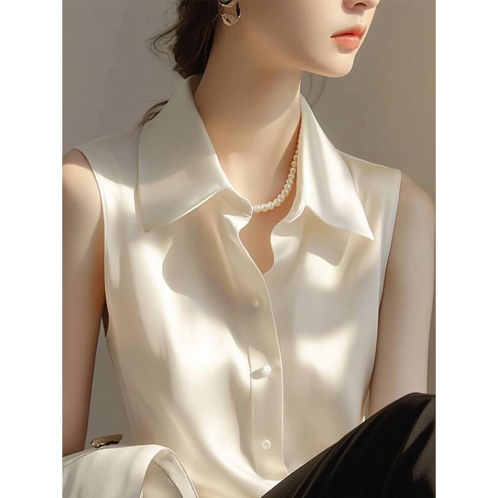 醋酸缎面无袖背心女内搭夏季2025新款高级感衬衣气质衬衫法式上衣