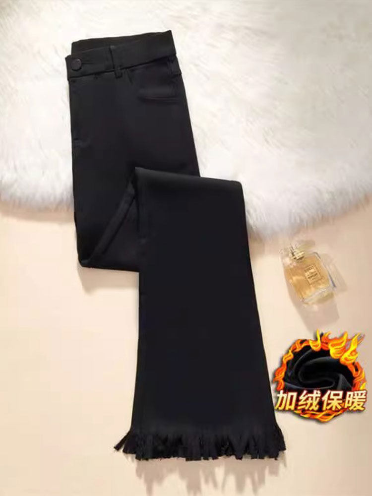 黑色微喇牛仔裤女秋冬季2025新款加绒加厚高腰显瘦流苏毛边喇叭裤