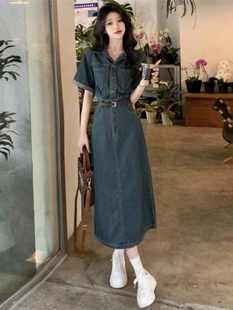 复古牛仔连衣裙女夏季薄款2025年新款高级感收腰显瘦气质减龄长裙