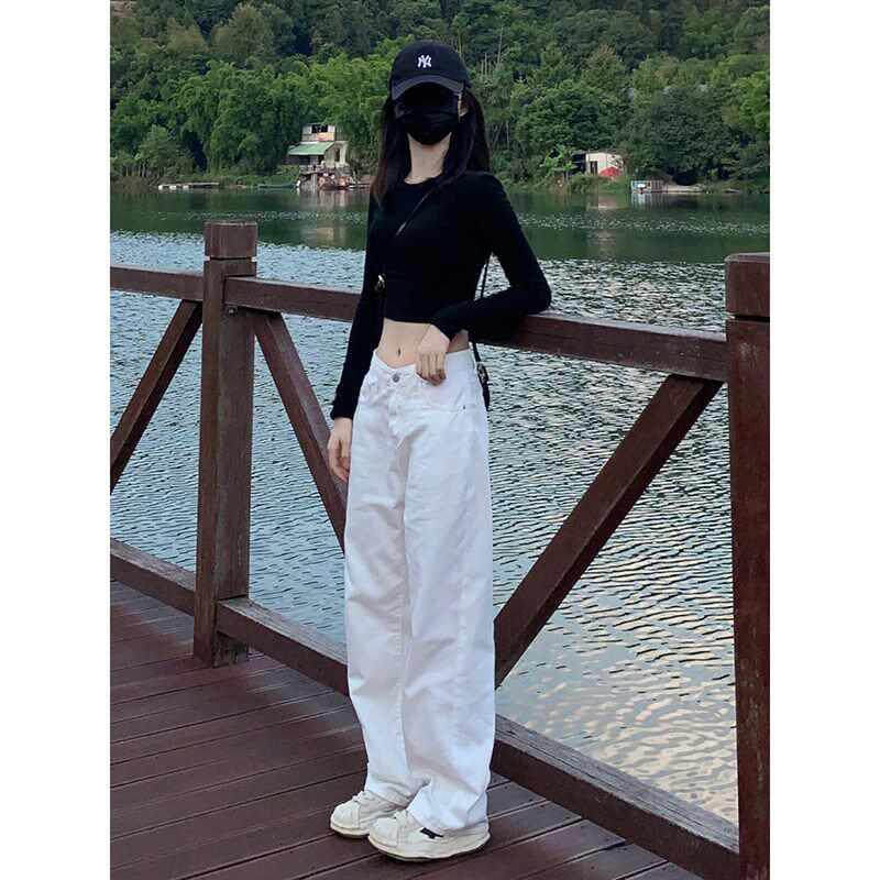 白色直筒牛仔裤女夏季薄款2024新款小个子宽松显瘦垂感拖地阔腿裤