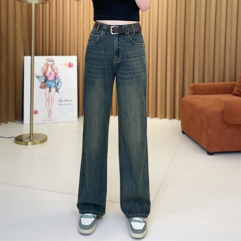 复古直筒牛仔裤女夏季薄款2025新款高腰宽松显瘦小个子窄版阔腿裤