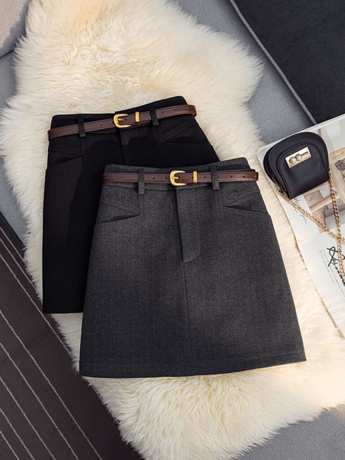 2025年春秋季女装羊毛套装裙新款高腰修身小a字裙盖臀短裙