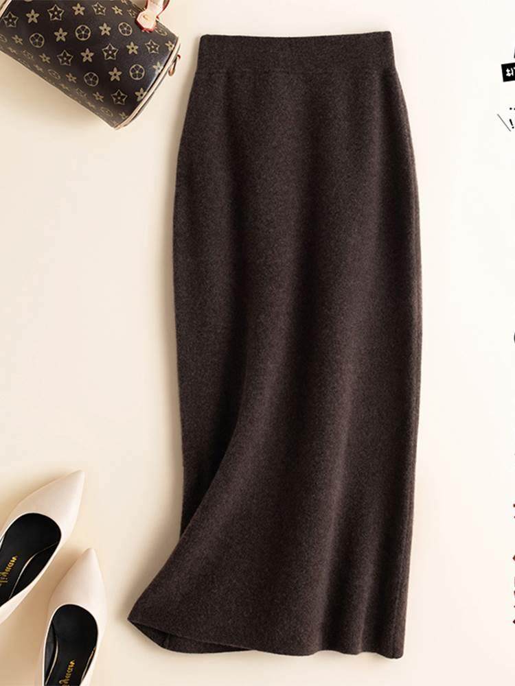 咖色针织半身裙秋冬季2025新款加厚中长款高腰显瘦a字包臀一步裙