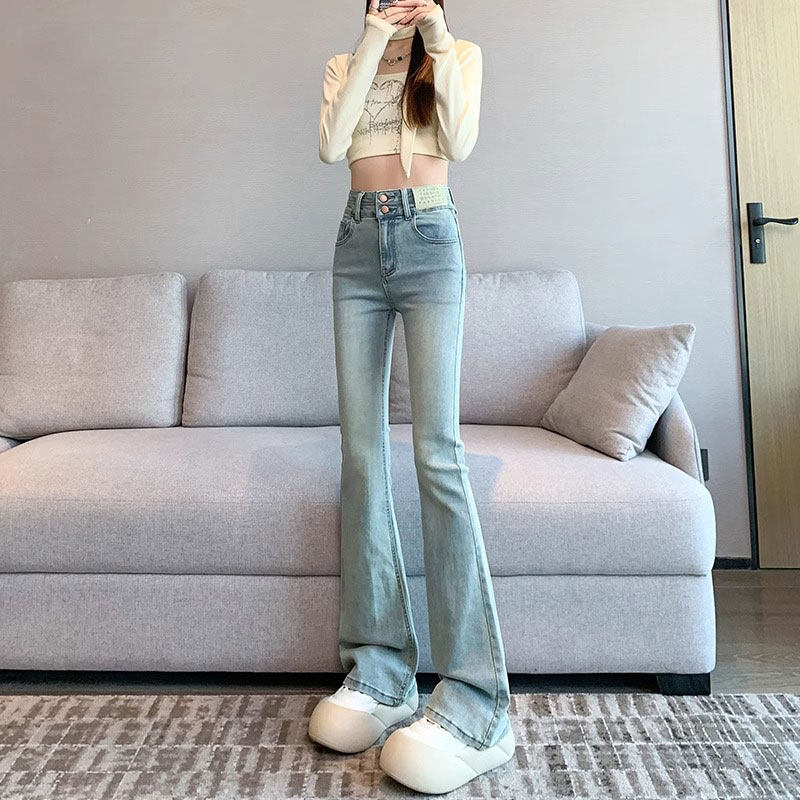 浅蓝色微喇叭牛仔裤女夏季薄款2025新款小个子高腰弹力拖地马蹄裤