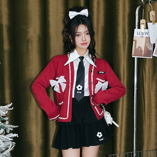 ISTYNI官方店深红蝴蝶结毛衣开衫2022冬季新款