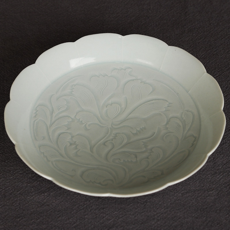 复古宋代湖田窑影青釉雕花卉纹葵口小碟家居实用餐具小果盘子壶承