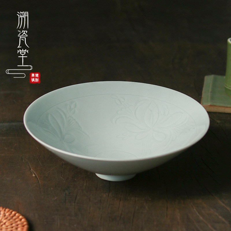 手工复古宋代湖田窑影青釉雕花卉纹斗笠碗家居以宋清雅复古餐具碗