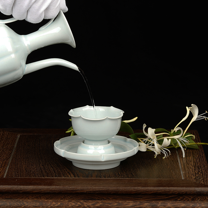 手工仿宋湖田窑影青釉茶盏花口单杯高足主人杯宋代点茶陶瓷杯茶具