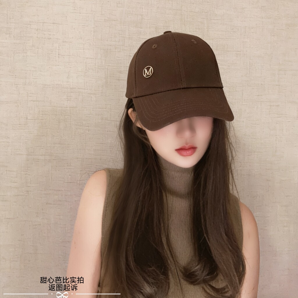 韩国网红白色M标硬顶鸭舌帽女显脸小百搭棒球帽男时尚遮阳帽子女