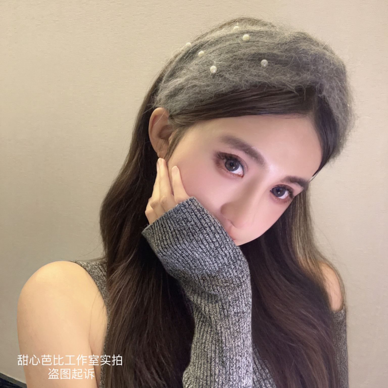 春款马海毛珍珠针织发箍复古温暖宽边毛线发带灰色气质发箍发饰女