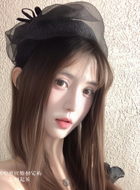原创法式网纱小帽子发箍黑色蕾丝半帽蝴蝶结发卡气质百搭头箍发饰